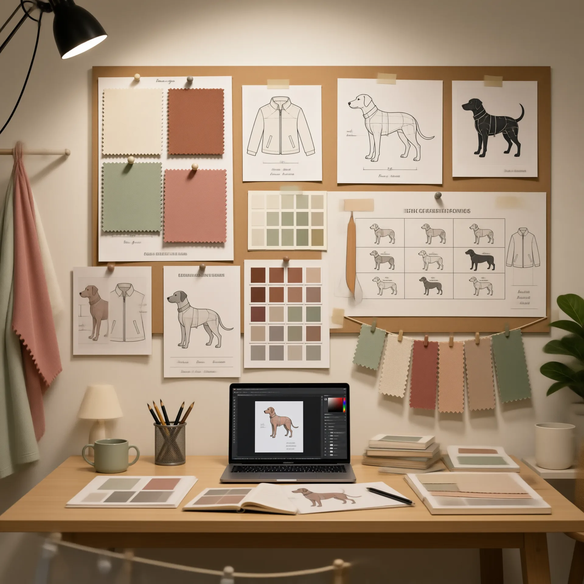 Little fish design studio with fabric swatches, sketches and finished pet garments on a rack