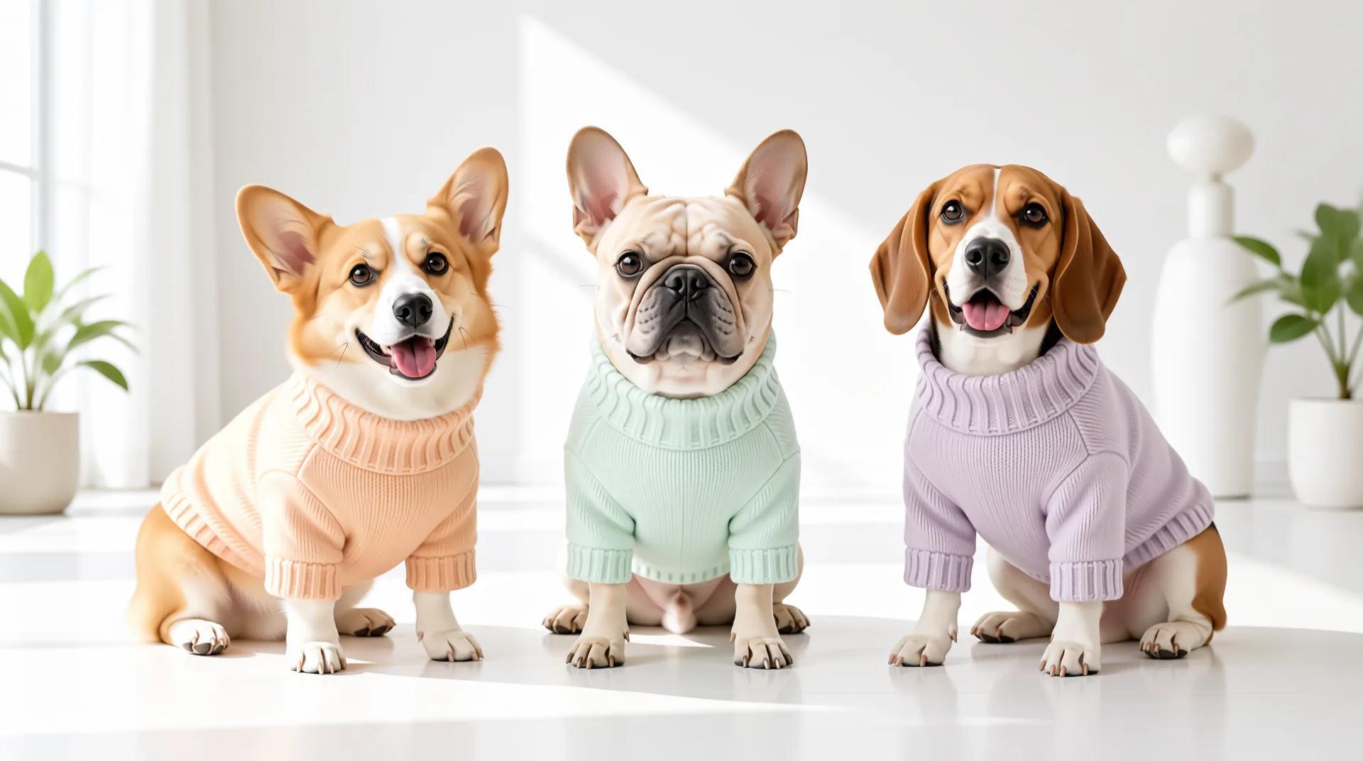 Three small dogs wearing pastel knit sweaters