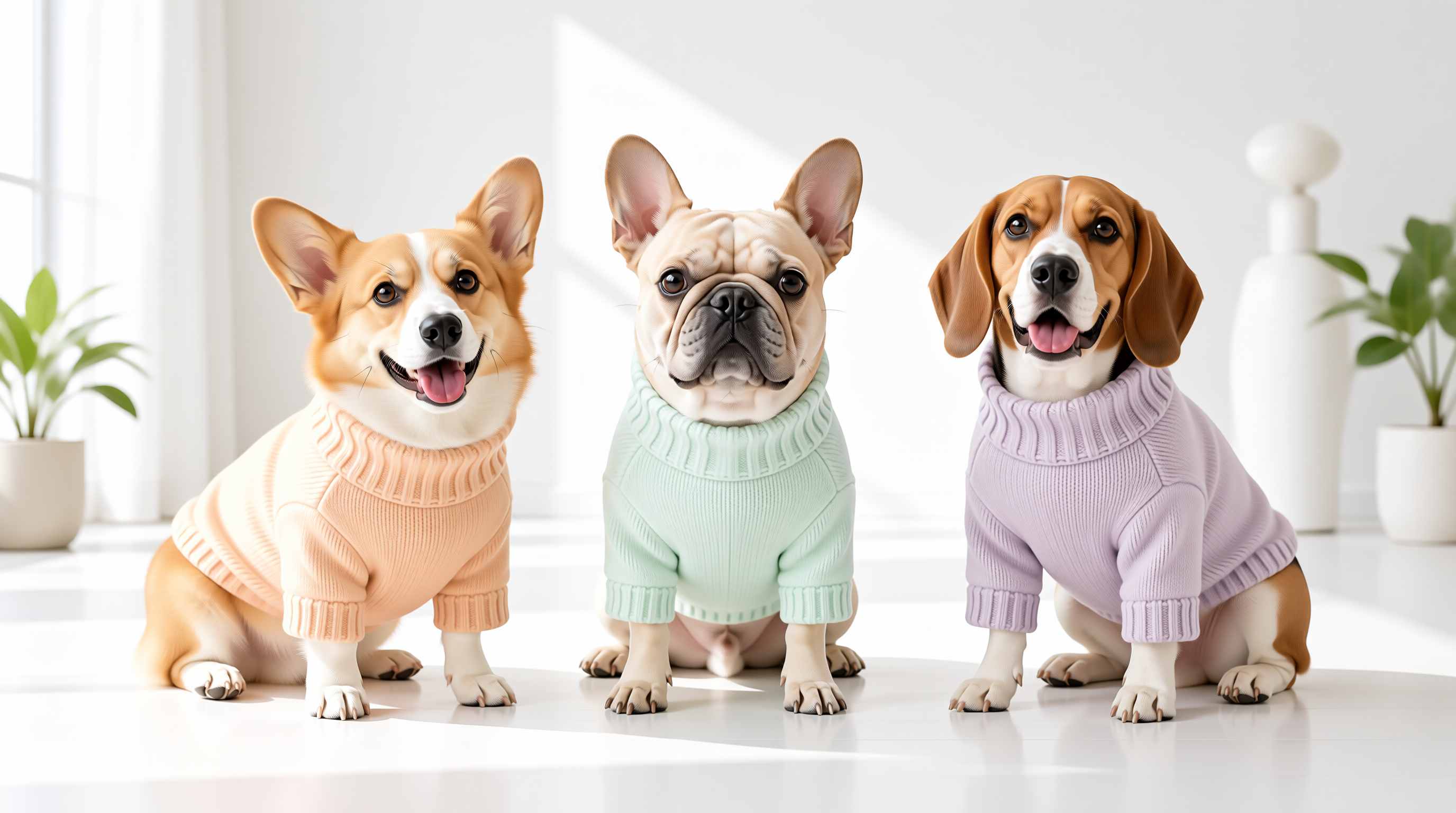 Three small dogs wearing pastel knit sweaters