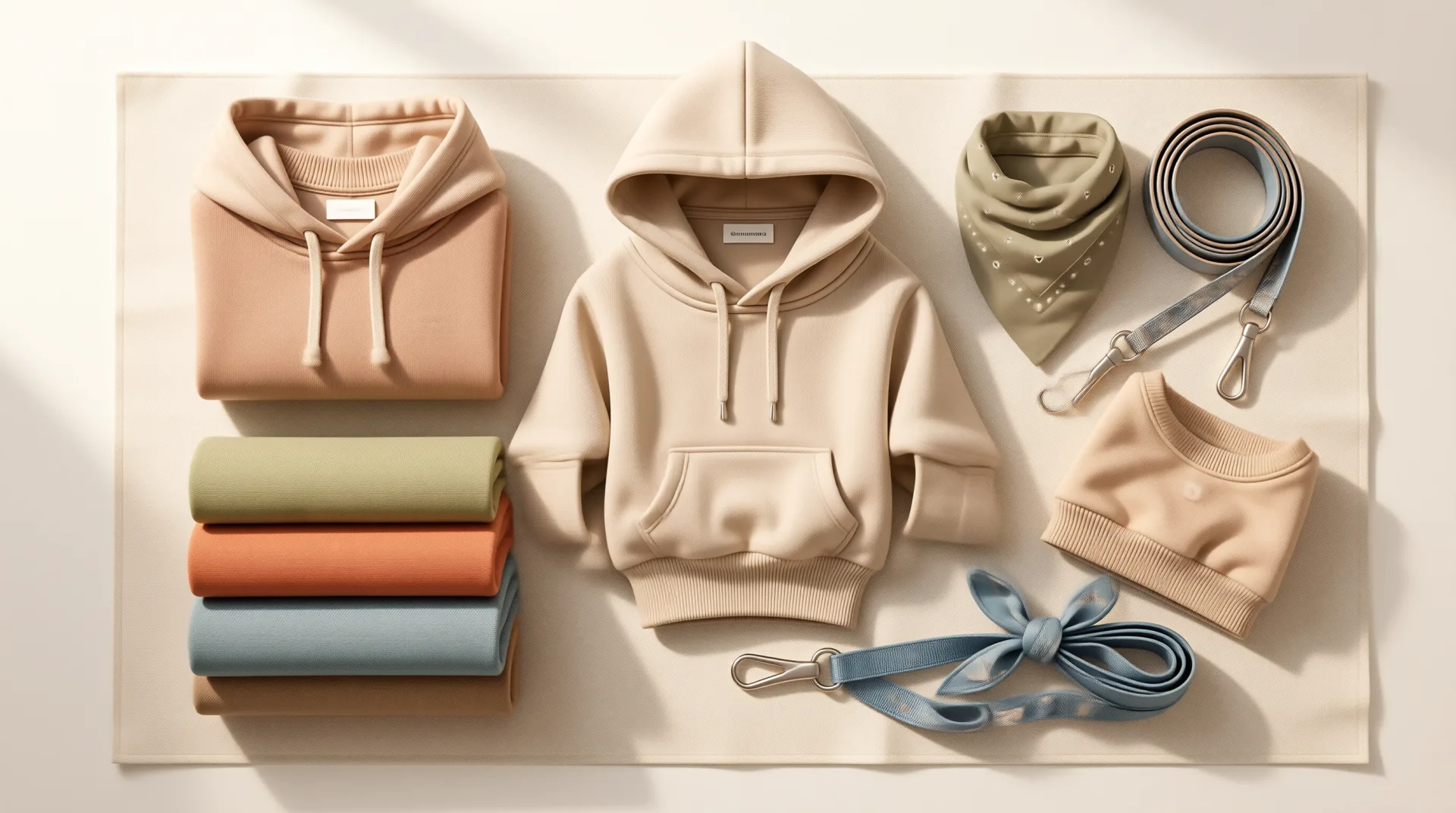 Flat lay of pastel pet apparel collection
