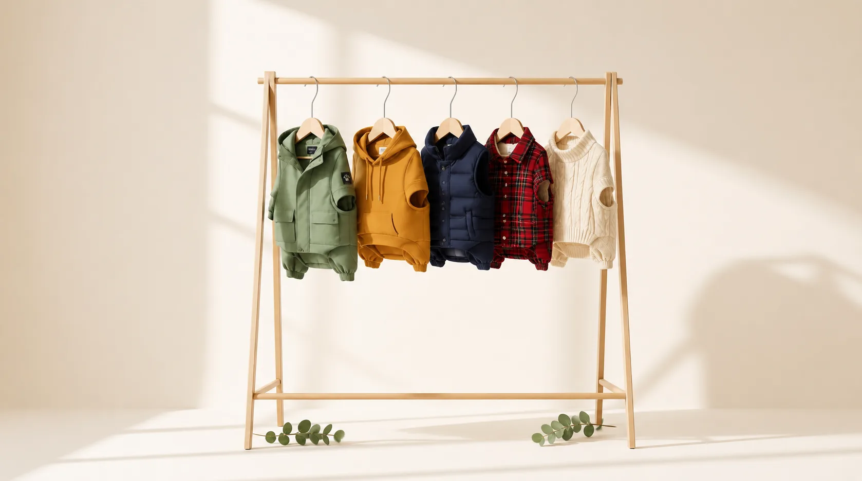Wholesale pet apparel collection: knit sweaters, light jackets and bandanas laid out for boutique buyers.