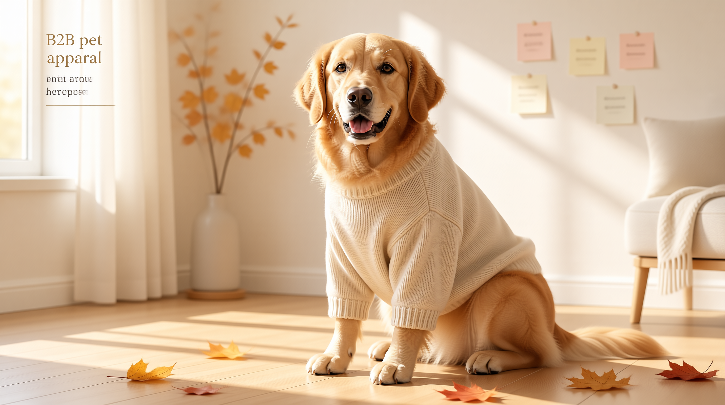 Golden retriever wearing a soft knit sweater in warm autumn light