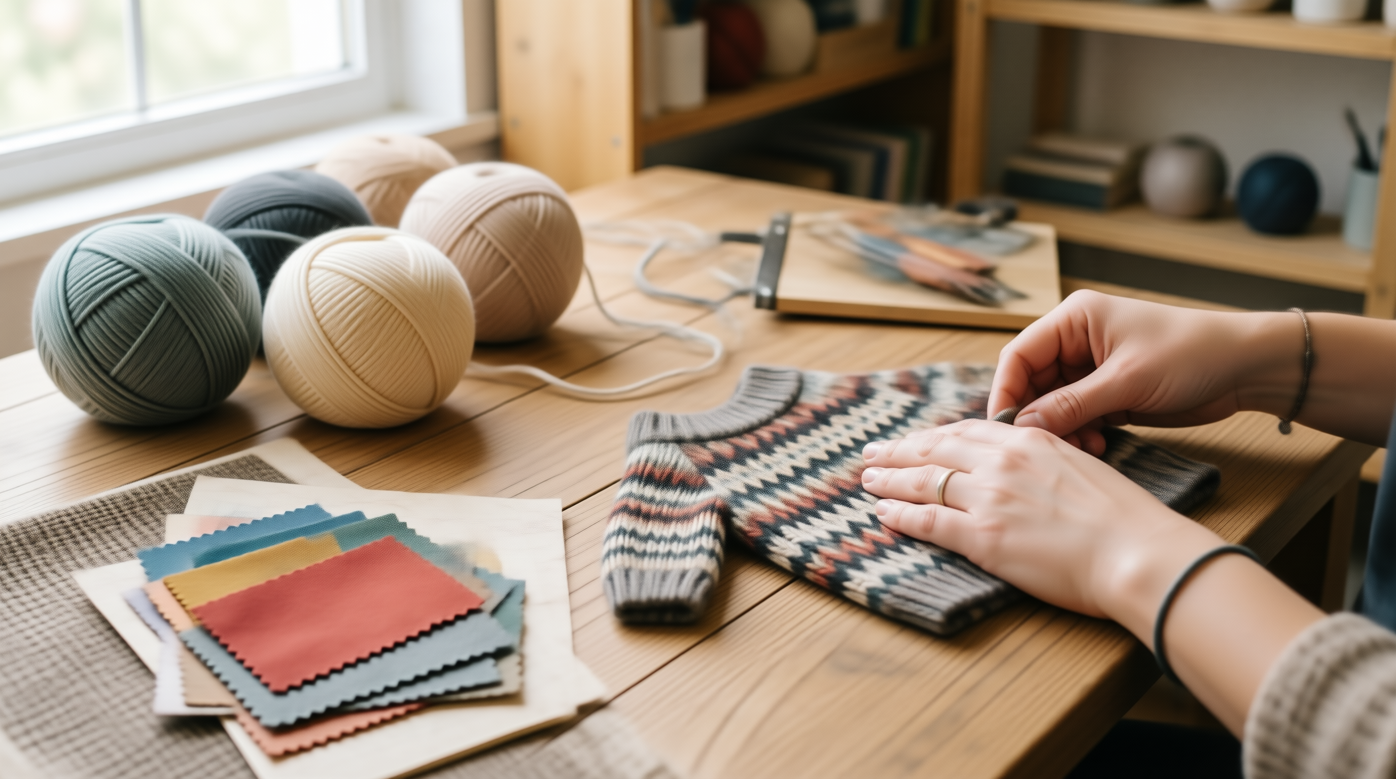 Artisan sewing pet sweater in a cozy workshop