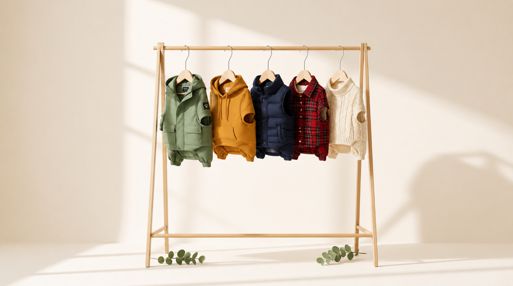 Wholesale pet apparel collection: knit sweaters, light jackets and bandanas laid out for boutique buyers.