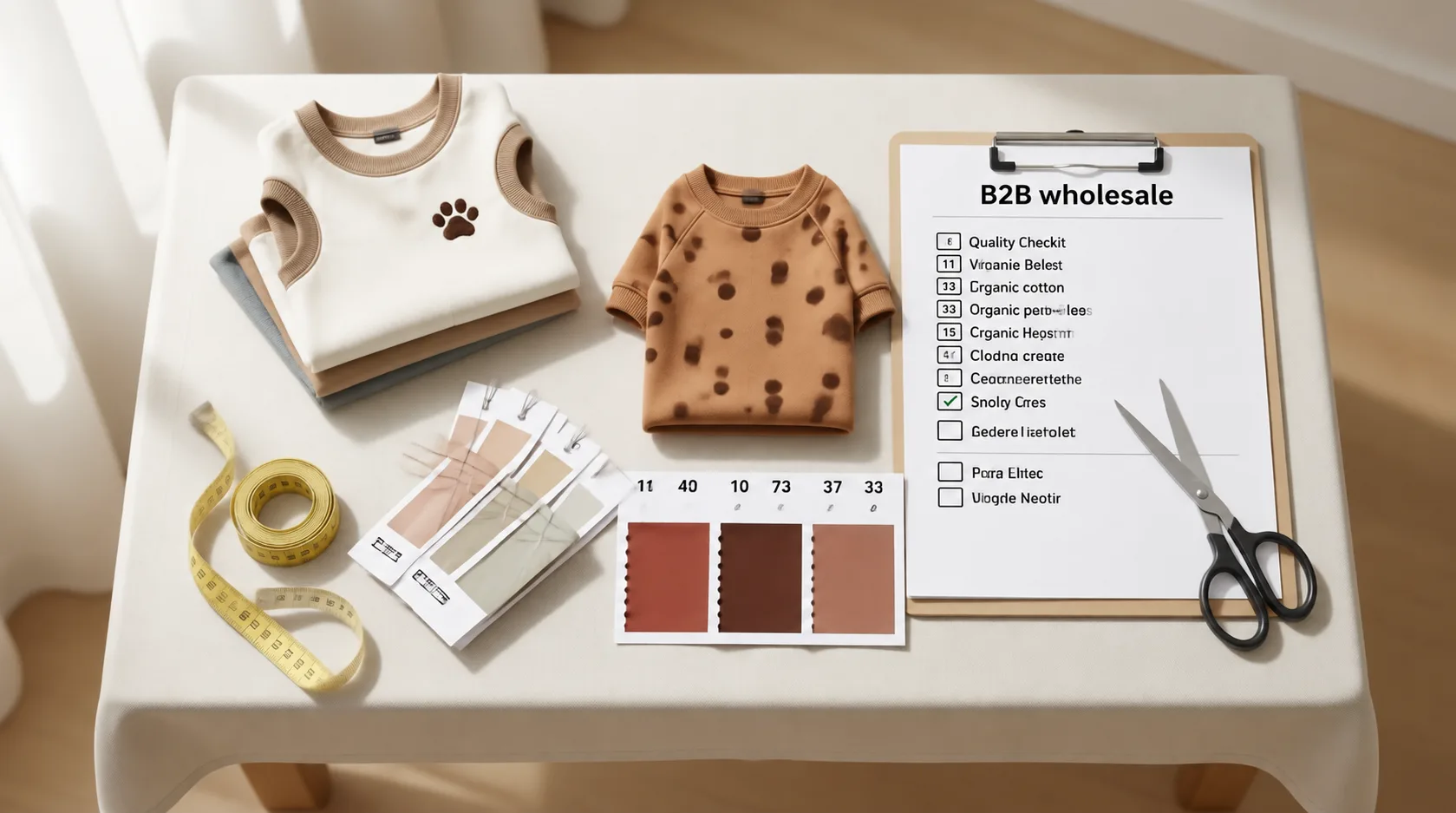 Quality checklist and organic cotton fabric swatches on a linen-draped table