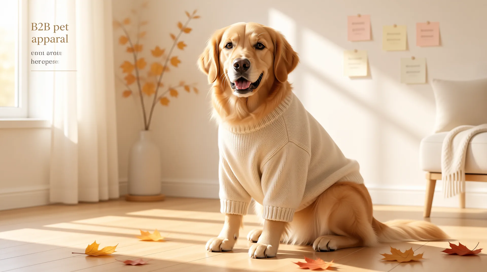 Golden retriever wearing a soft knit sweater in warm autumn light