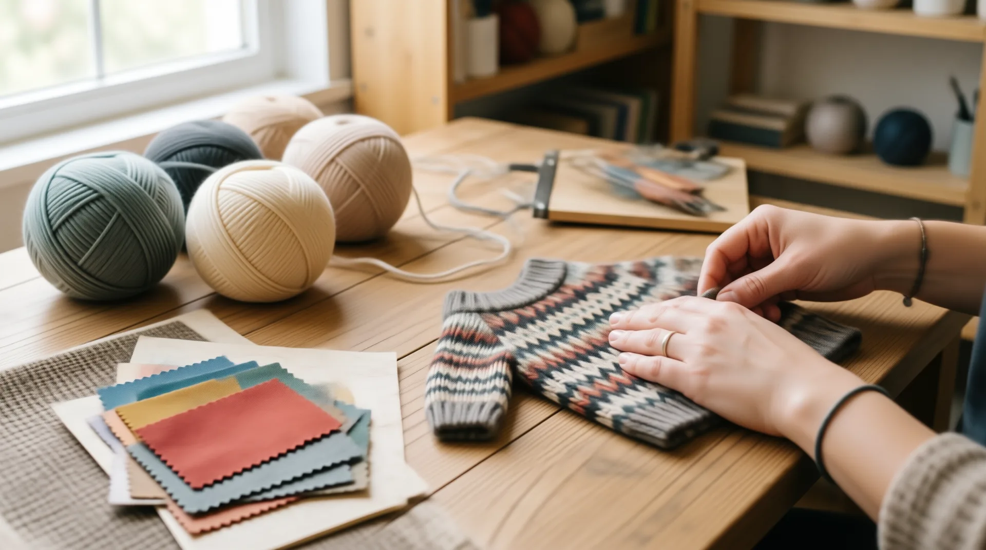 Artisan sewing pet sweater in a cozy workshop